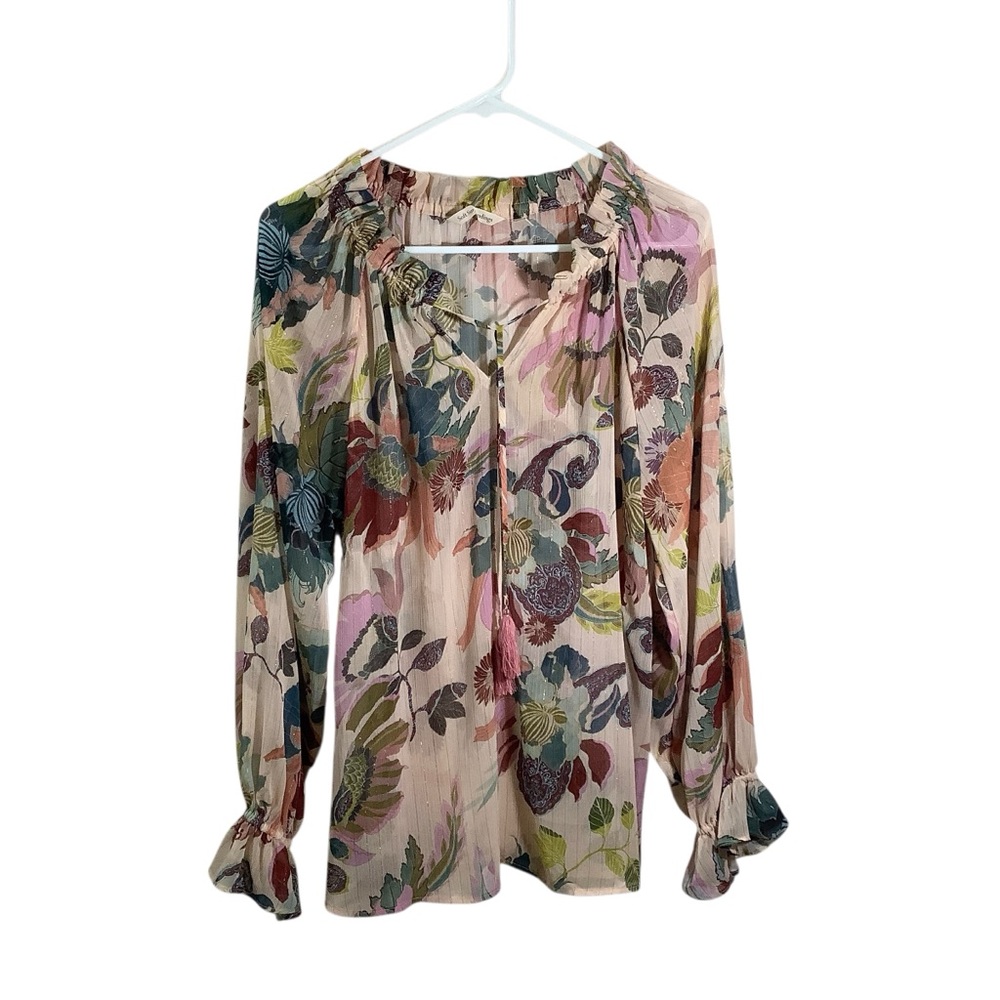 Soft Surroundings Floral Peasant Blouse Sheer in Blush Pink and Multicolor